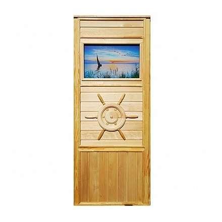 Дверь деревянная для бани DoorWood Штурвал 1840x740 со стеклом Парусник в Лиде