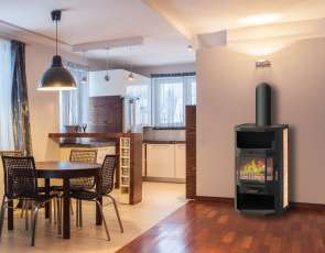 Недорогой стальной камин со стеклом Мета-Бел Ангара фото в интерьере в Лиде