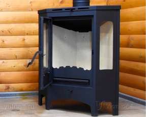 Стальной камин со стеклами Бавария панорама угловая фото в интерьере в Лиде