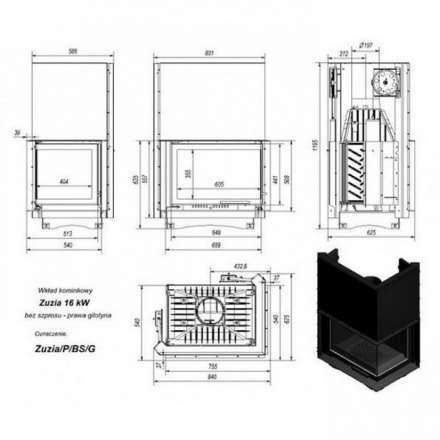 Каминная топка Kratki Zuzia/P/BS/G (угловое стекло справа,гильотина) в Лиде