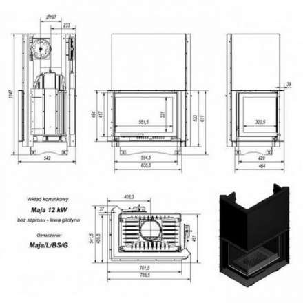 Каминная топка Kratki Maja/L/BS/G (угловое стекло слева, гильотина) в Лиде