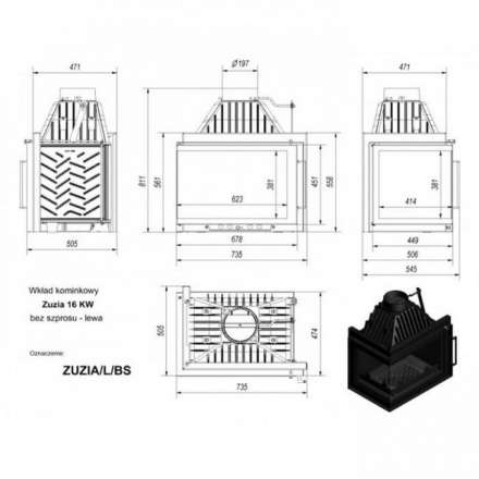 Каминная топка Kratki Zuzia/L/BS (угловое стекло слева) в Лиде