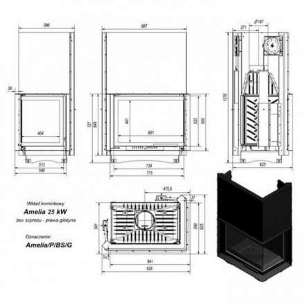 Каминная топка Kratki Amelia/P/BS/G (угловое стекло справа, гильотина) в Лиде